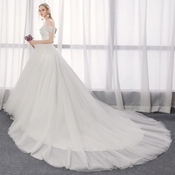Elegant Ivory Wedding Dresses 2019 A-Line / Princess Off-The-Shoulder Lace Backless Short Sleeve Flower Cathedral Train