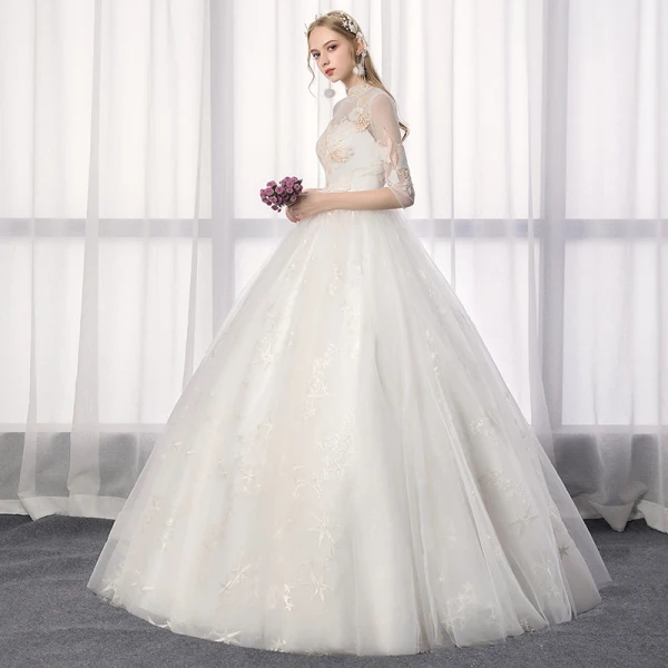 Chinese style Ivory Wedding Dresses 2019 A-Line / Princess High Neck Lace Flower Sequins 1/2 Sleeves Backless Floor-Length / Long