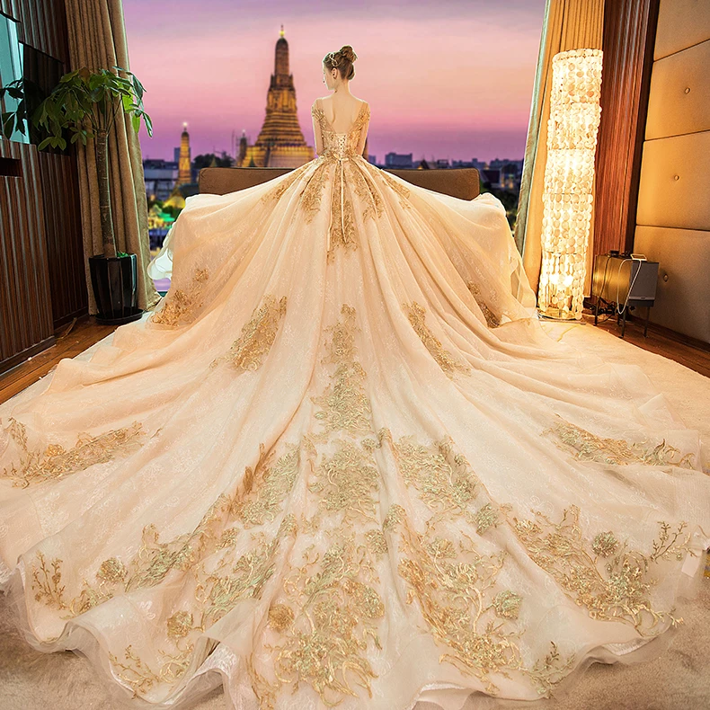 Luxury Gorgeous Gold 2019 Wedding Dresses A Line Princess Scoop Neck  Beading Crystal Lace Flower Sequins Long Sleeve Backless Royal Train