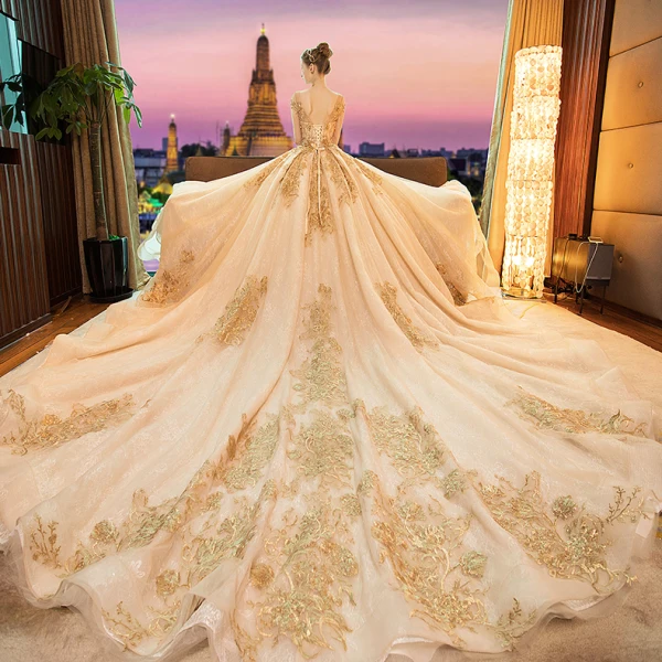 Luxury / Gorgeous Gold 2019 Wedding Dresses A-Line / Princess Scoop Neck Beading Crystal Lace Flower Sequins Long Sleeve Backless Royal Train
