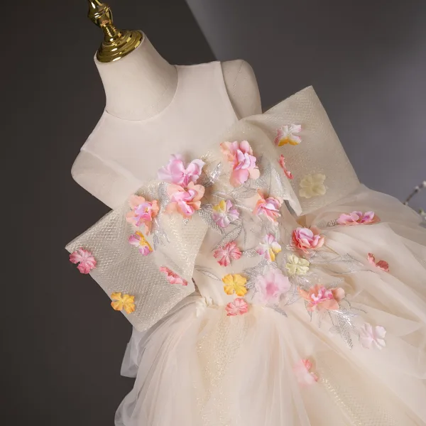 Flower Fairy Champagne Beading Lace Flower Appliques Sequins Prom Dresses 2025 Ball Gown Floor-Length / Long Scoop Neck Short Sleeve Prom Formal Dresses