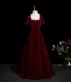 Chic / Beautiful Burgundy Beading Velvet Prom Dresses 2025 Ball Gown Square Neckline Short Sleeve Backless Floor-Length / Long Formal Dresses
