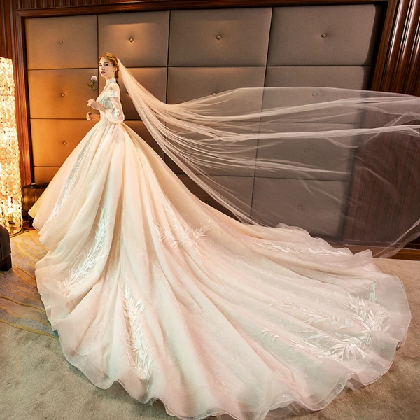Luxus / Herrlich Champagner Brautkleider / Hochzeitskleider 2019 A Linie Stehkragen Spitze Blumen Lange Ärmel Rückenfreies Königliche Schleppe