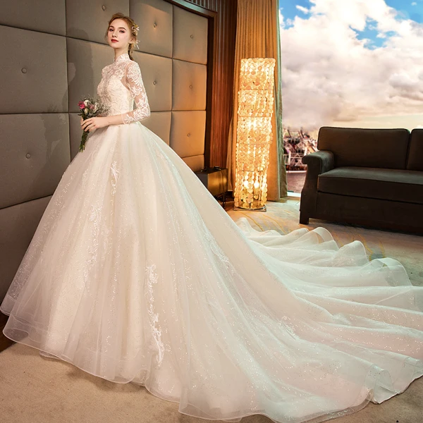 Elegant Champagne Wedding Dresses 2019 A-Line / Princess High Neck Lace Flower 3/4 Sleeve Backless Royal Train