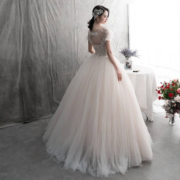 Modern / Fashion Champagne Wedding Dresses 2019 A-Line / Princess Pleated Scoop Neck Glitter Spotted Tulle Lace Flower Short Sleeve Backless Floor-Length / Long