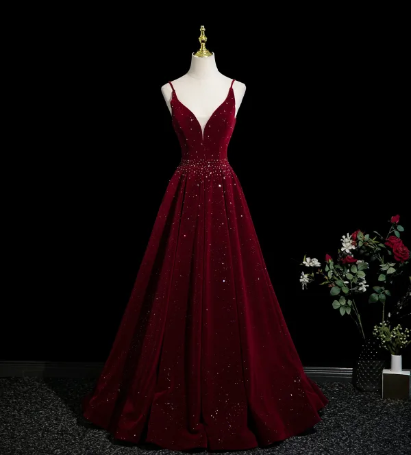 Demure Burgundy Sequins Prom Dresses 2025 A-Line / Princess Spaghetti Straps Sleeveless Backless Floor-Length / Long Formal Dresses