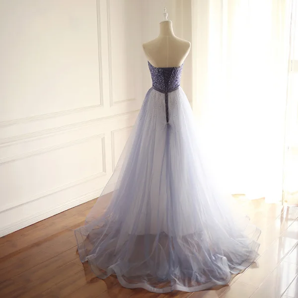 Fine Mørk Marineblå Ballkjoler 2018 Prinsesse Beading Paljetter Rhinestone Kjæreste Ryggløse Uten Ermer Feie Tog Formelle Kjoler