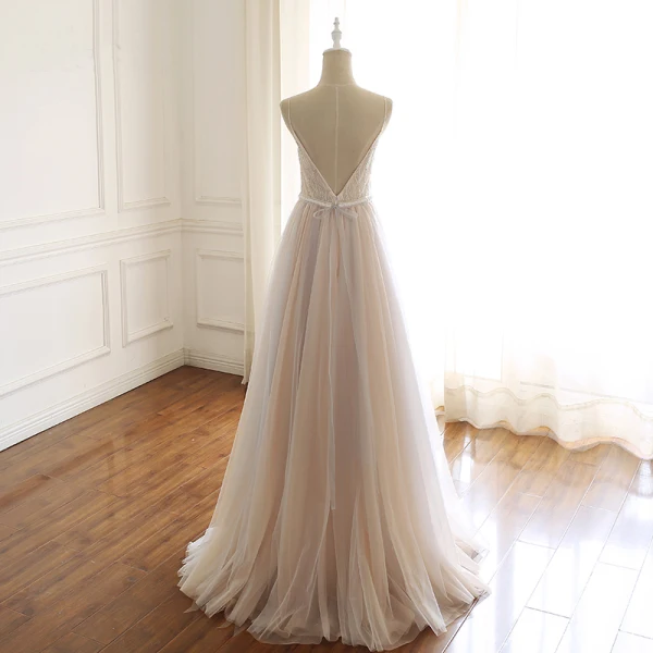 Modern / Fashion Champagne Prom Dresses 2019 A-Line / Princess Spaghetti Straps V-Neck Beading Sequins Sleeveless Backless Bow Floor-Length / Long Formal Dresses