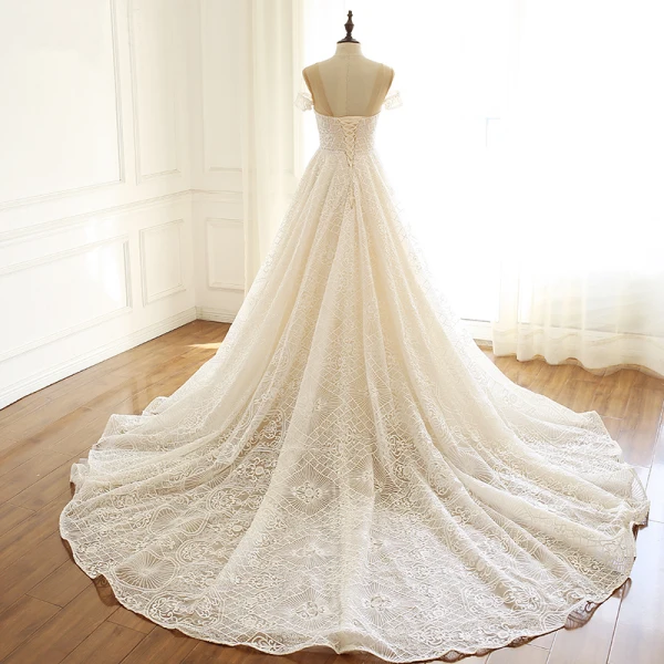 Luxury / Gorgeous Champagne Wedding Dresses 2019 A-Line / Princess Scoop Neck Beading Sequins Lace Flower Short Sleeve Backless Chapel Train