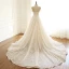 Luxury / Gorgeous Champagne Wedding Dresses 2019 A-Line / Princess Scoop Neck Beading Sequins Lace Flower Short Sleeve Backless Chapel Train
