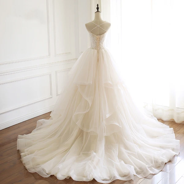 Classy Champagne Wedding Dresses 2019 A-Line / Princess Spaghetti Straps Lace Flower Sleeveless Backless Cascading Ruffles Chapel Train