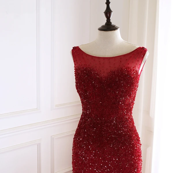 Luxury / Gorgeous Burgundy Handmade  Beading Evening Dresses  2019 Trumpet / Mermaid Scoop Neck Sequins Crystal Sleeveless Backless Court Train Formal Dresses