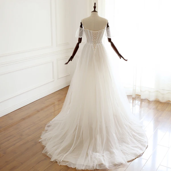 Élégant Ivoire Robe De Mariée 2019 Princesse Bretelles Spaghetti Perlage Paillettes En Dentelle Fleur Manches Courtes Dos Nu Tribunal Train