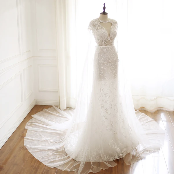 Luxe Ivoire Fait main Perlage Robe De Mariée Avec Châle 2019 Trompette / Sirène V-Cou En Dentelle Fleur Cristal Paillettes Sans Manches Dos Nu Ceinture Tribunal Train