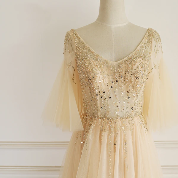 Chic / Belle Champagne Robe De Soirée 2019 Princesse V-Cou Perlage Perle Faux Diamant Manches de cloche Dos Nu Train De Balayage Robe De Ceremonie