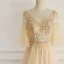 Chic / Belle Champagne Robe De Soirée 2019 Princesse V-Cou Perlage Perle Faux Diamant Manches de cloche Dos Nu Train De Balayage Robe De Ceremonie