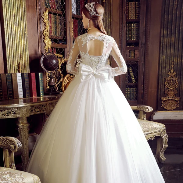 Classy Ivory Wedding Dresses 2019 A-Line / Princess Scoop Neck Pearl Sequins Lace Flower Long Sleeve Backless Bow Sash Floor-Length / Long