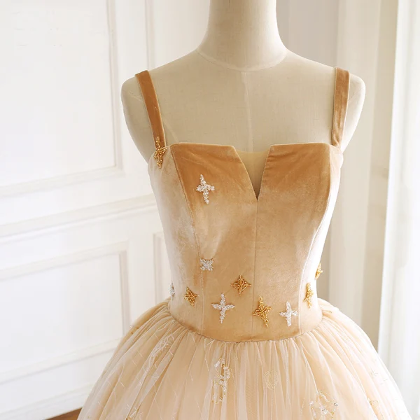 Luxury / Gorgeous Gold Prom Dresses 2019 A-Line / Princess Suede Spaghetti Straps Beading Sleeveless Backless Floor-Length / Long Formal Dresses