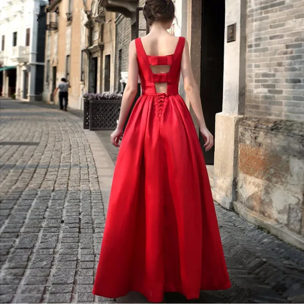 Vintage / Retro Red Maxi Dresses 2019 A-Line / Princess Scoop Neck Sleeveless Bow Backless Floor-Length / Long Womens Clothing