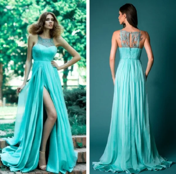 Chic / Belle Bleu Robes longues 2019 Princesse En Dentelle Encolure Dégagée Sans Manches Dos Nu Fendue devant Longue Vêtements Femme