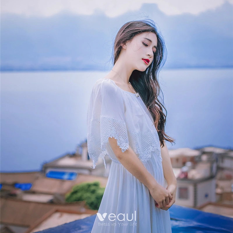 Modest Simple White Honeymoon Maxi Dresses 2019 A Line Princess Off The Shoulder Lace Pleated Short Sleeve Floor Length Long Womens Clothing