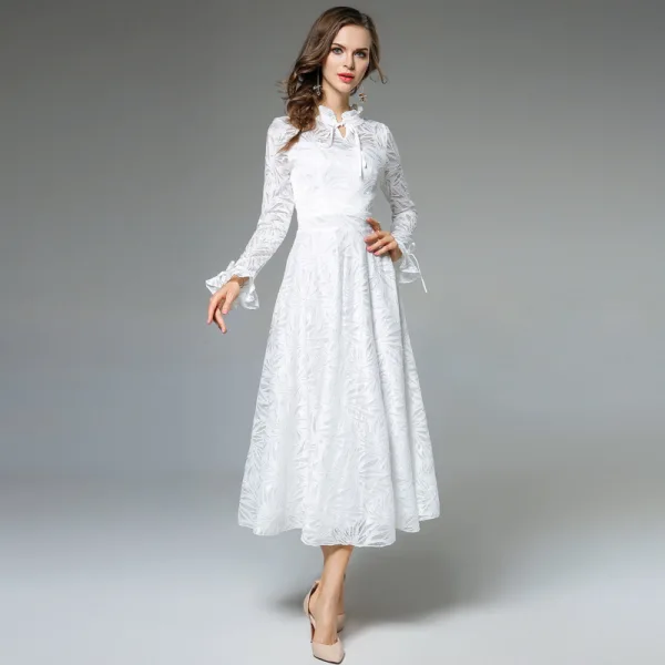 Simple Ivoire Désinvolte Robes longues 2019 Princesse Encolure Dégagée Volants Manches Longues Thé Longueur Vêtements Femme