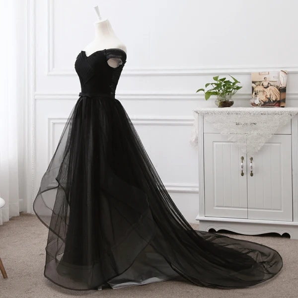 Elegant Black Prom Dresses 2019 A-Line / Princess Off-The-Shoulder Short Sleeve Backless Bow Court Train Formal Dresses