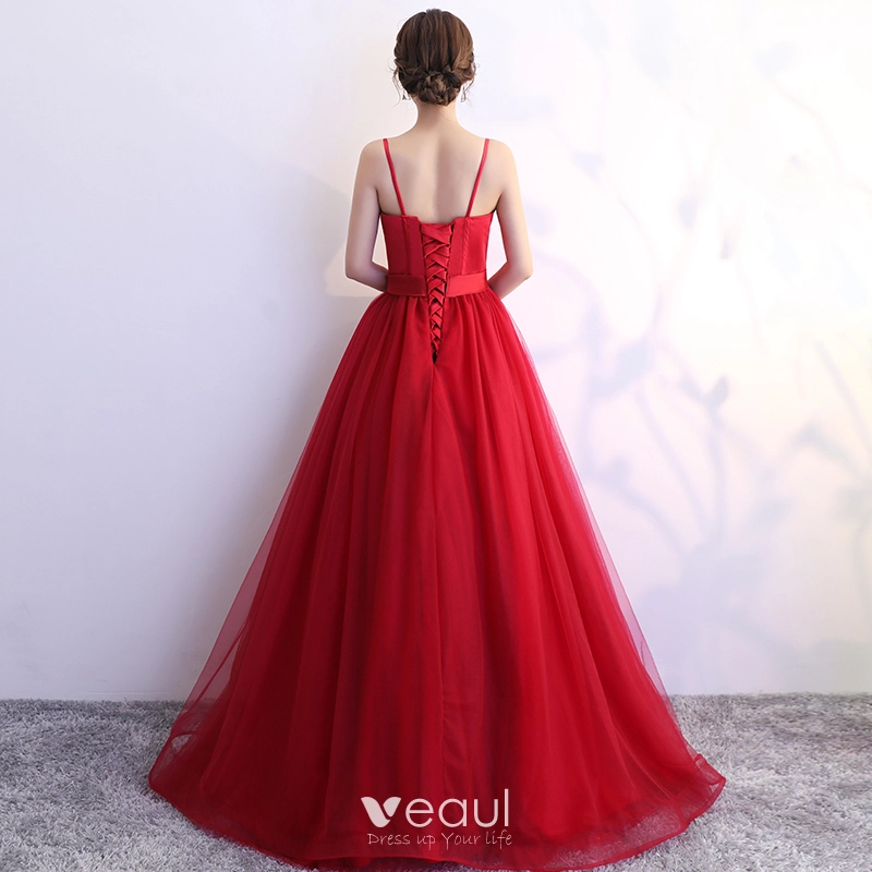 Modest Simple Red Prom Dresses 2019 A Line Princess Spaghetti Straps Backless Floor Length Long Formal Dresses Modest Simple Red Prom Dresses 2019 A Line Princess Spaghetti Straps Backless Floor Length Long Formal Dresses