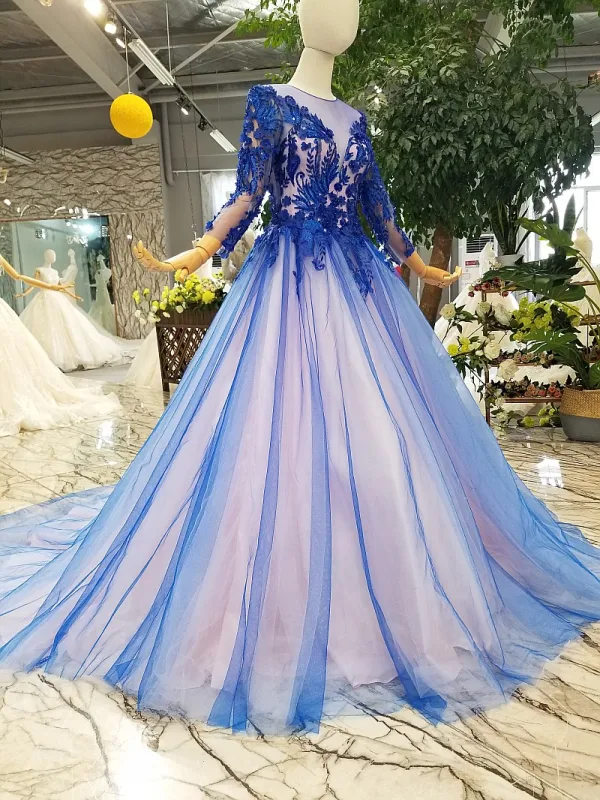 Chic / Beautiful Royal Blue Evening Dresses 2019 A-Line / Princess Scoop Neck Lace Flower Appliques Beading Crystal 3/4 Sleeve Chapel Train Formal Dresses