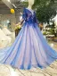 Chic / Beautiful Royal Blue Evening Dresses  2019 A-Line / Princess Scoop Neck Lace Flower Appliques Beading Crystal 3/4 Sleeve Chapel Train Formal Dresses