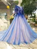 Chic / Beautiful Royal Blue Evening Dresses  2019 A-Line / Princess Scoop Neck Lace Flower Appliques Beading Crystal 3/4 Sleeve Chapel Train Formal Dresses