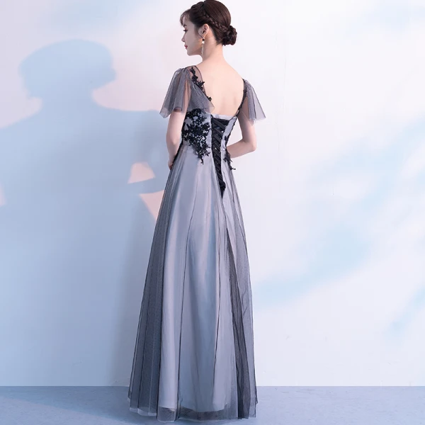 Chic / Beautiful Black Evening Dresses  2019 A-Line / Princess V-Neck Lace Flower Short Sleeve Backless Floor-Length / Long Formal Dresses
