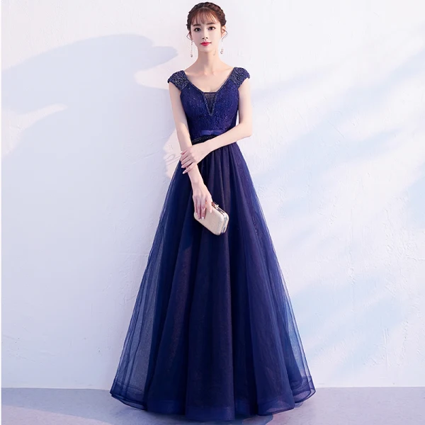 Elegant Navy Blue Evening Dresses 2019 A-Line / Princess V-Neck Beading Flower Lace Bow Sleeveless Backless Floor-Length / Long Formal Dresses