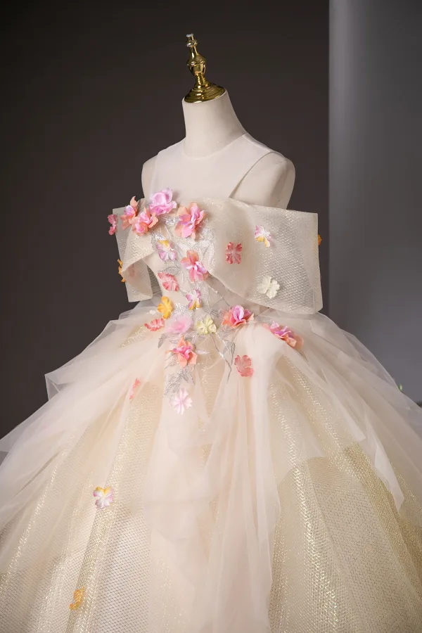 Flower Fairy Champagne Beading Lace Flower Appliques Sequins Prom Dresses 2025 Ball Gown Floor-Length / Long Scoop Neck Short Sleeve Prom Formal Dresses