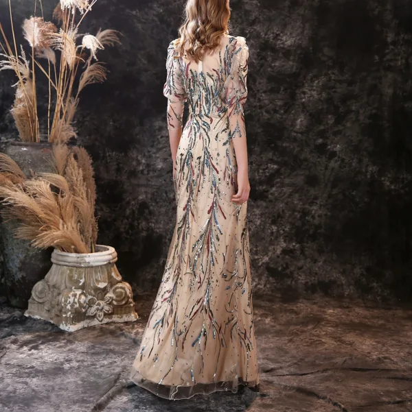 High-end Champagne Evening Dresses  2021 Trumpet / Mermaid Scoop Neck Beading Sequins Lace Flower 3/4 Sleeve Floor-Length / Long Evening Party Formal Dresses