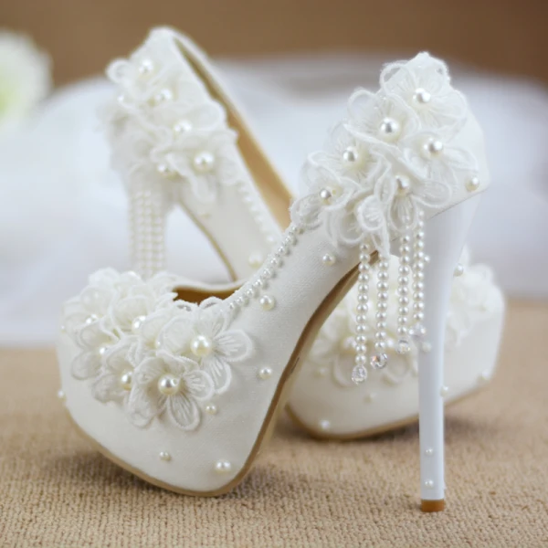 Chic / Beautiful Ivory Wedding Shoes 2019 Appliques Pearl Tassel 14 cm Stiletto Heels Round Toe Wedding Pumps