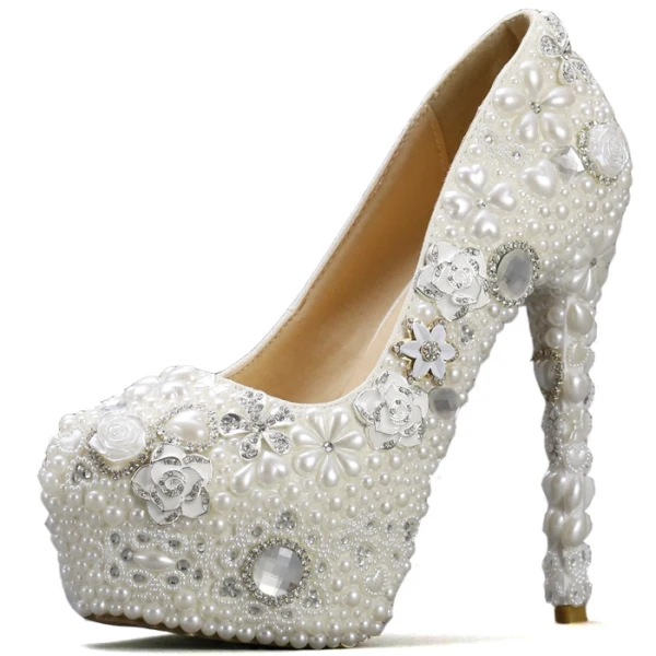 Classy Ivory Womens Shoes 2019 Crystal Pearl Rhinestone Flower 14 cm Stiletto Heels Round Toe Wedding Pumps