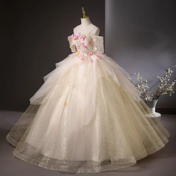Flower Fairy Champagne Beading Lace Flower Appliques Sequins Prom Dresses 2025 Ball Gown Floor-Length / Long Scoop Neck Short Sleeve Prom Formal Dresses