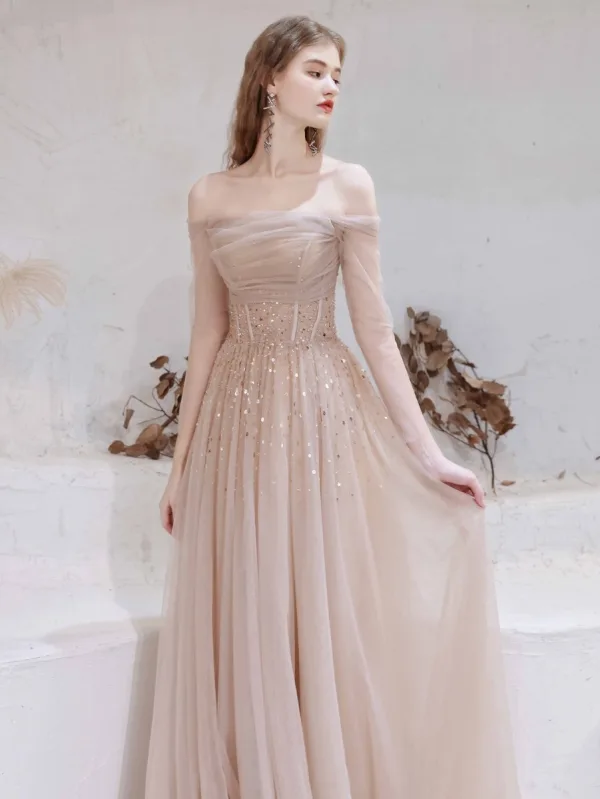 Charmant Rougissant Rose Robe De Soirée 2021 Princesse De l'épaule Perlage Étoile Paillettes 3/4 Manches Dos Nu Longue Robe De Ceremonie