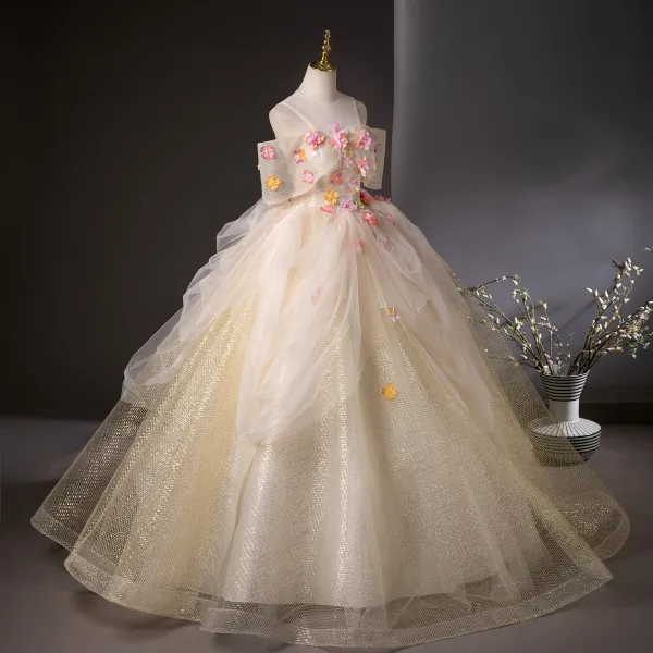 Flower Fairy Champagne Beading Lace Flower Appliques Sequins Prom Dresses 2025 Ball Gown Floor-Length / Long Scoop Neck Short Sleeve Prom Formal Dresses