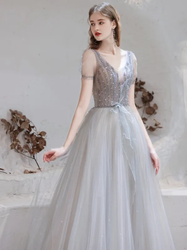 Fashion Grey Evening Dresses  2021 A-Line / Princess V-Neck Beading Rhinestone Sequins Short Sleeve Backless Floor-Length / Long Formal Dresses