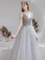 Fashion Grey Evening Dresses  2021 A-Line / Princess V-Neck Beading Rhinestone Sequins Short Sleeve Backless Floor-Length / Long Formal Dresses