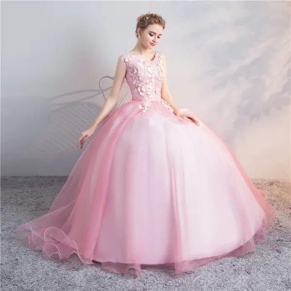 Elegant Candy Pink Quinceañera Prom Dresses 2018 Ball Gown Appliques Pearl Scoop Neck Backless Sleeveless Floor-Length / Long Formal Dresses