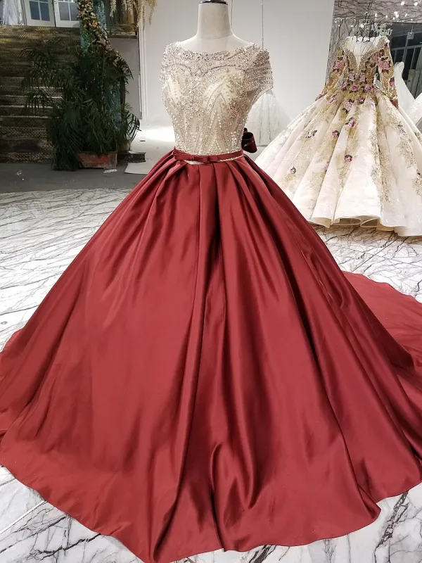 Sparkly Vintage / Retro Grey Handmade Beading Prom Dresses 2019 Ball Gown Scoop Neck Crystal Pearl Sequins Short Sleeve Backless Bow Cathedral Train Formal Dresses