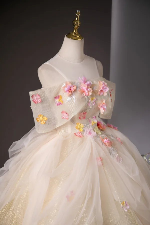 Flower Fairy Champagne Beading Lace Flower Appliques Sequins Prom Dresses 2025 Ball Gown Floor-Length / Long Scoop Neck Short Sleeve Prom Formal Dresses