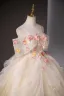 Flower Fairy Champagne Beading Lace Flower Appliques Sequins Prom Dresses 2025 Ball Gown Floor-Length / Long Scoop Neck Short Sleeve Prom Formal Dresses