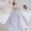 Sexy Silver Prom Dresses 2021 A-Line / Princess High Neck Beading Rhinestone Lace Flower Sleeveless Backless Floor-Length / Long Formal Dresses