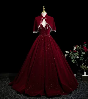 Réservé Bordeaux Paillettes Robe De Bal 2025 Princesse Bretelles Spaghetti Sans Manches Dos Nu Longue Robe De Ceremonie