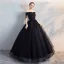 Affordable Black Puffy Quinceañera Prom Dresses 2018 Ball Gown Lace Flower Beading Pearl Tassel Off-The-Shoulder Backless Short Sleeve Floor-Length / Long