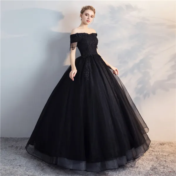 Affordable Black Puffy Quinceanera Prom Dresses 2018 Ball Gown Lace Flower Beading Pearl